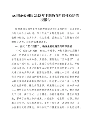 XX国企公司的2023年主题教育阶段性总结情况报告
