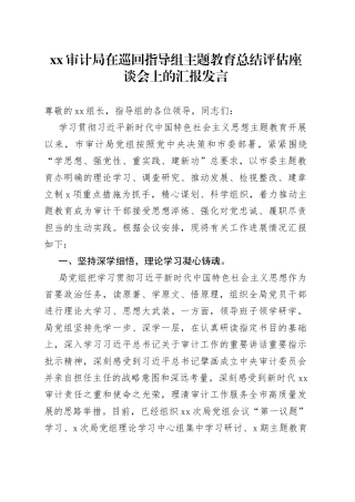 XX审计局在巡回指导组主题教育总结评估座谈会上的汇报发言