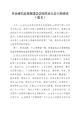 在企业信息化促进会会员代表大会上的讲话（范文）