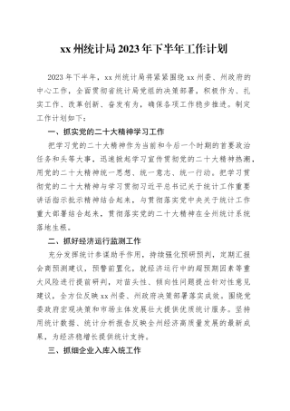 XX州统计局2023年下半年工作计划