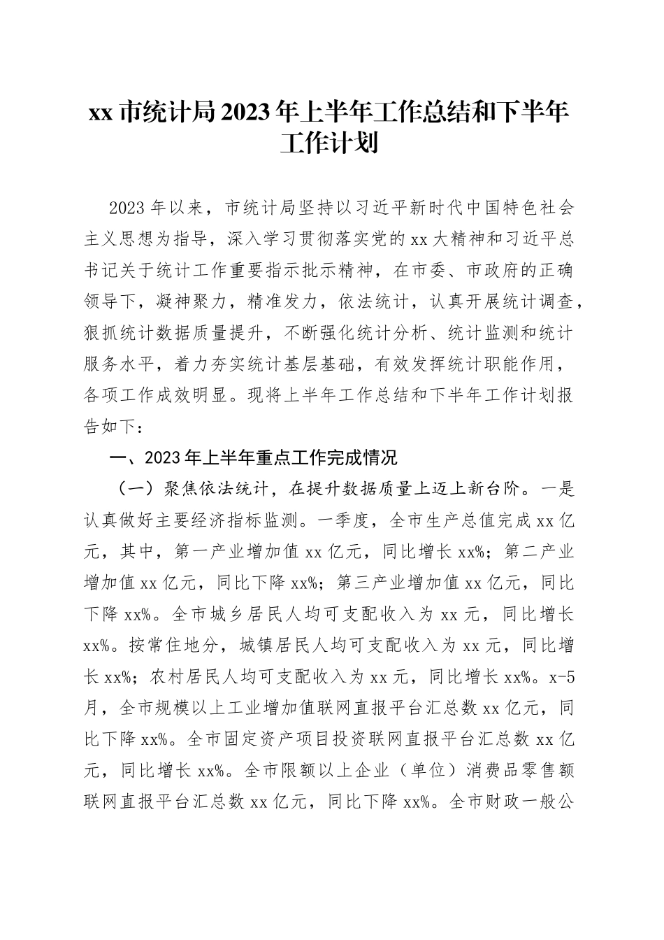 xx市统计局2023年上半年工作总结和下半年工作计划_第1页