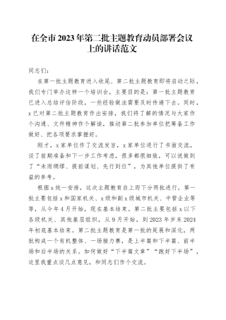 市主题教育动员部署会议讲话第二批