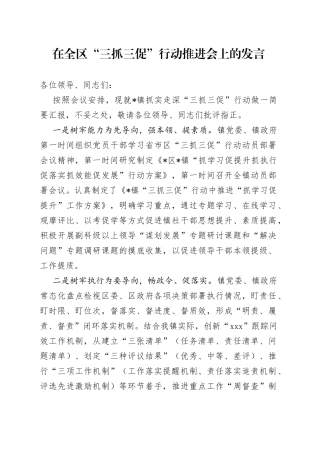 在全区“三抓三促”行动推进会上的发言