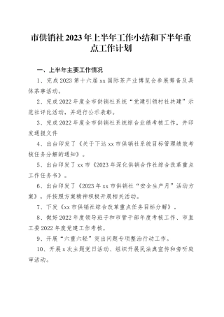 市供销社2023年上半年工作小结和下半年重点工作计划