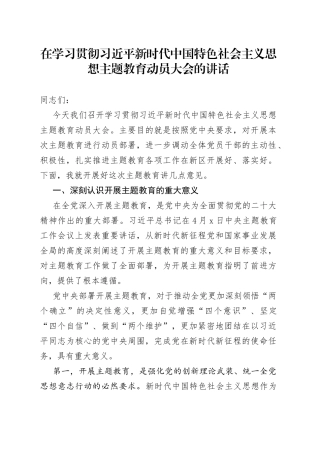 在全区学习贯彻习近平新时代中国特色社会主义思想主题教育动员大会的讲话