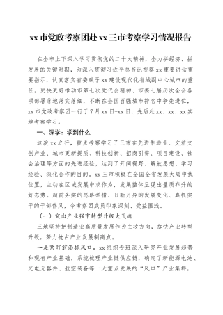市党政考察团赴XX三市考察学习情况报告