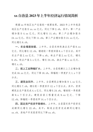 XX自治县2023年上半年经济运行情况简析（20230802）
