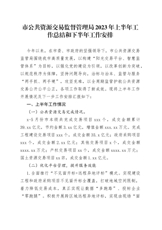 市公共资源交易监督管理局2023年上半年工作总结和下半年工作安排（20230703）