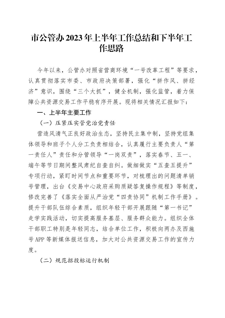 市公管办2023年上半年工作总结和下半年工作思路（20230703）_第1页
