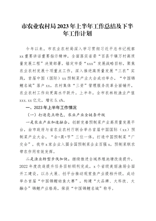 市农业农村局 2023 年上半年工作总结及下半年工作计划（20230804）