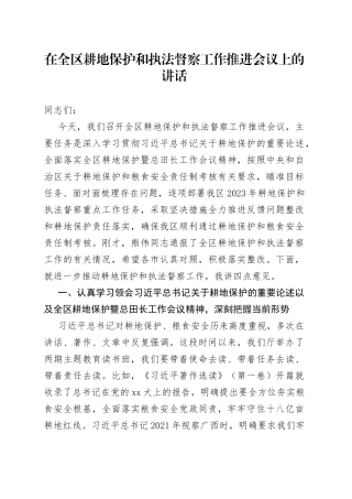 在全区耕地保护和执法督察工作推进会议上的讲话