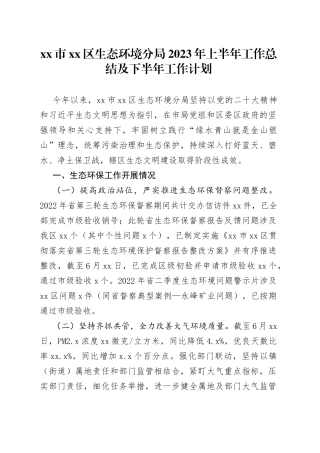 市区生态环境分局2023年上半年工作总结及下半年工作计划（20230626）