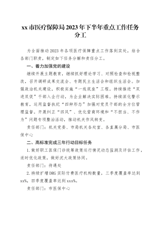 市医疗保障局2023年下半年重点工作任务分工（20230807）