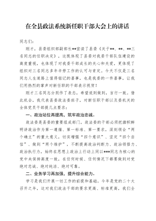 在全县政法系统新任职干部大会上的讲话