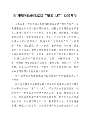 市国资国企系统党建“塑形工程”经验分享(1)