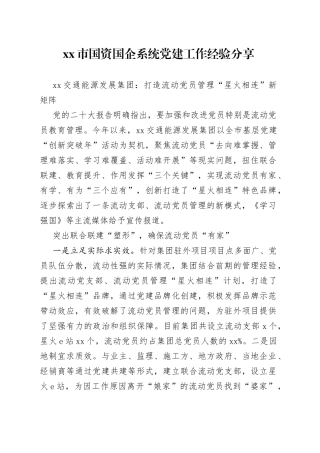 市国资国企系统党建工作经验分享