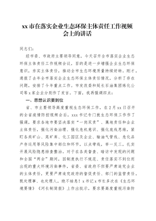 市在落实企业生态环保主体责任工作视频会上的讲话