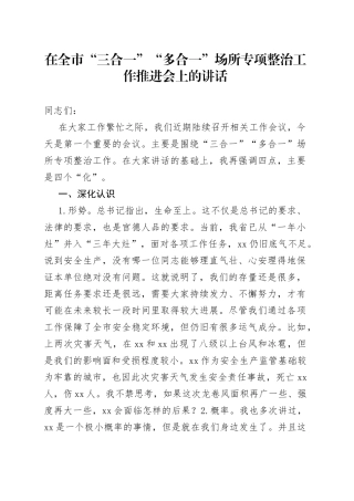 在全市“三合一”“多合一”场所专项整治工作推进会上的讲话