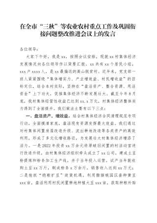 在全市“三秋”等农业农村重点工作及巩固衔接问题整改推进会议上的发言