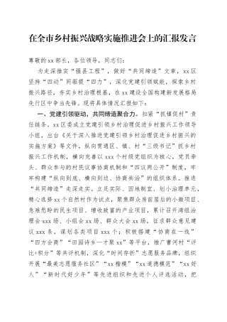 在全市乡村振兴战略实施推进会上的汇报发言