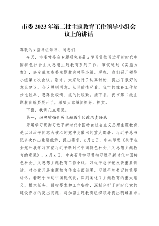 市委2023年第二批主题教育工作领导小组会议上的讲话
