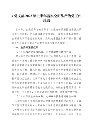 x党支部2023年上半年落实全面从严治党工作总结