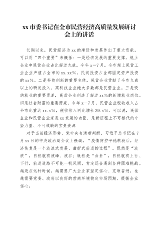 市委书记在全市民营经济高质量发展研讨会上的讲话