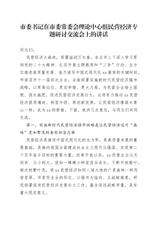 市委书记在市委常委会理论中心组民营经济专题研讨交流会上的讲话(1)
