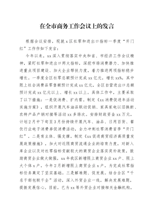 在全市商务工作会议上的发言