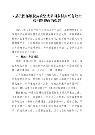 x县巩固拓展脱贫攻坚成果同乡村振兴有效衔接问题整改的报告