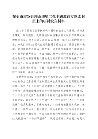 在全市应急管理系统第二批主题教育专题读书班上的研讨发言材料