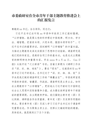 市委政研室在全市青年干部主题教育推进会上的汇报发言