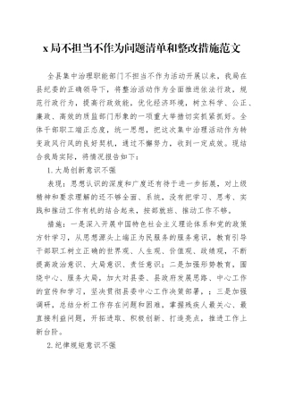 x局不担当不作为问题清单和整改措施工作汇报总结报告
