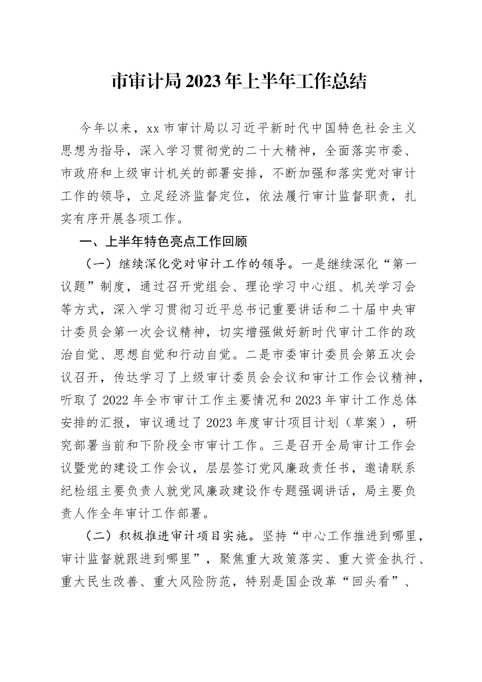 市审计局2023年上半年工作总结（20230706）_第1页
