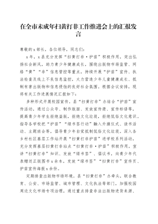 在全市未成年扫黄打非工作推进会上的汇报发言