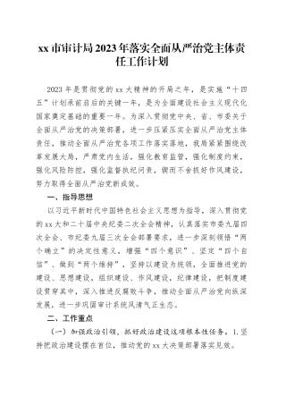 市审计局2023年落实全面从严治党主体责任工作计划