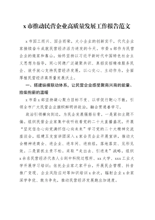 x市推动民营企业高质量发展工作报告汇报总结