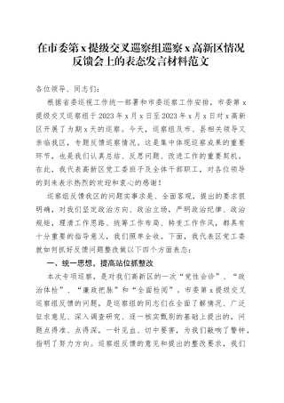 x提级交叉巡察组巡察x高新区情况反馈会上的表态发言材料