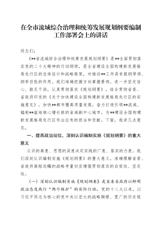 在全市流城综合治理和统筹发展规划纲要编制工作部署会上的讲话
