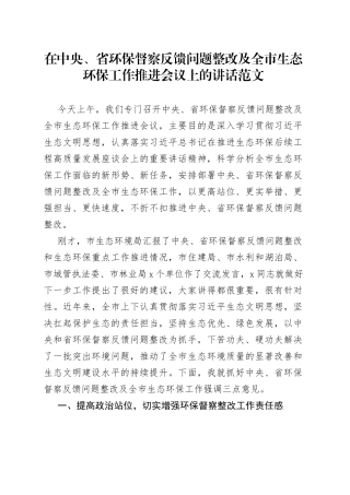 x省环保督察反馈问题整改及全市生态环保工作推进会议上的讲话环境保护