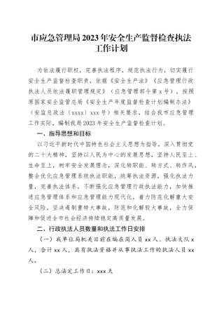 市应急管理局2023年安全生产监督检查执法工作计划