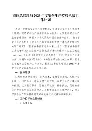 市应急管理局2023年度安全生产监管执法工作计划