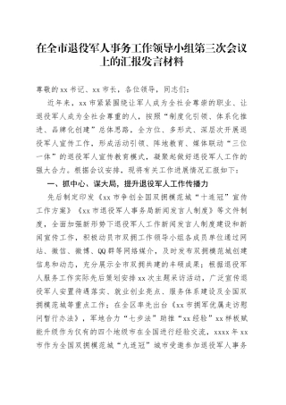 在全市退役军人事务工作领导小组第三次会议上的汇报发言材料