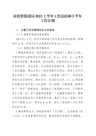 市投资促进局2023上半年工作总结和下半年工作计划（20230620）