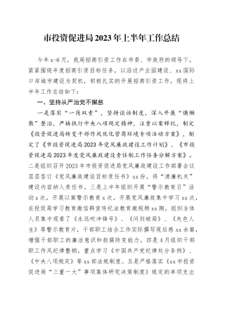 市投资促进局2023年上半年工作总结