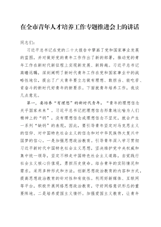 在全市青年人才培养工作专题推进会上的讲话