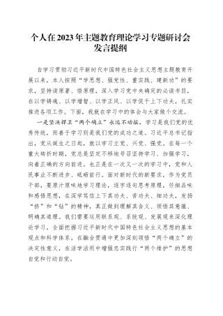 个人在2023年主题教育理论学习专题研讨会发言提纲