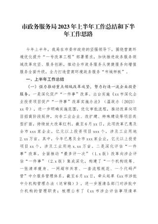 市政务服务局2023年上半年工作总结和下半年工作思路（20230709）