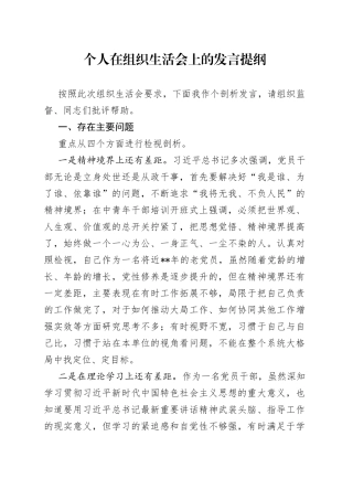 个人在组织生活会上的 发言提纲