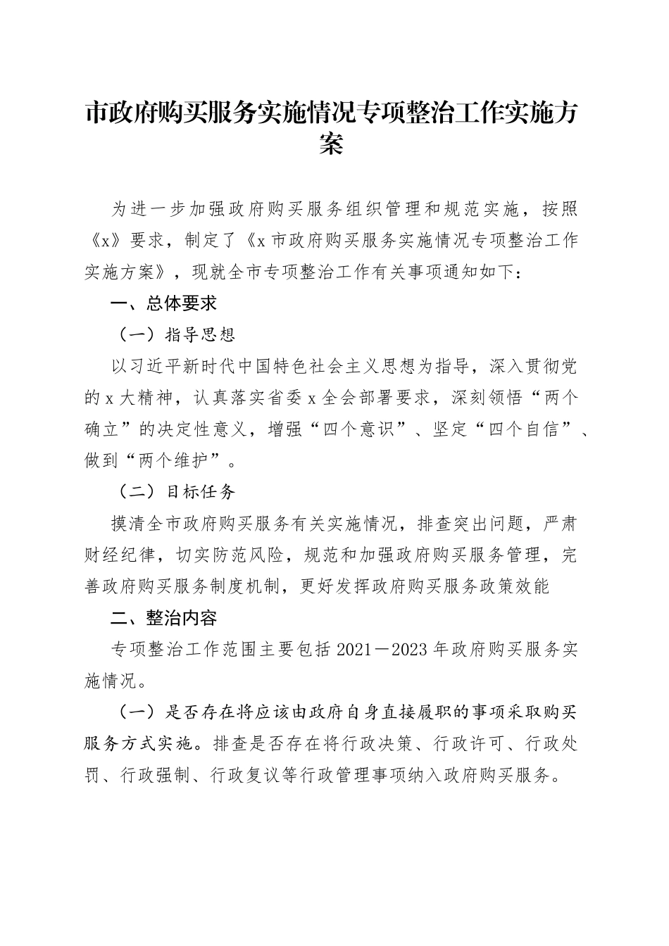 市政府购买服务实施情况专项整治工作实施方案_第1页